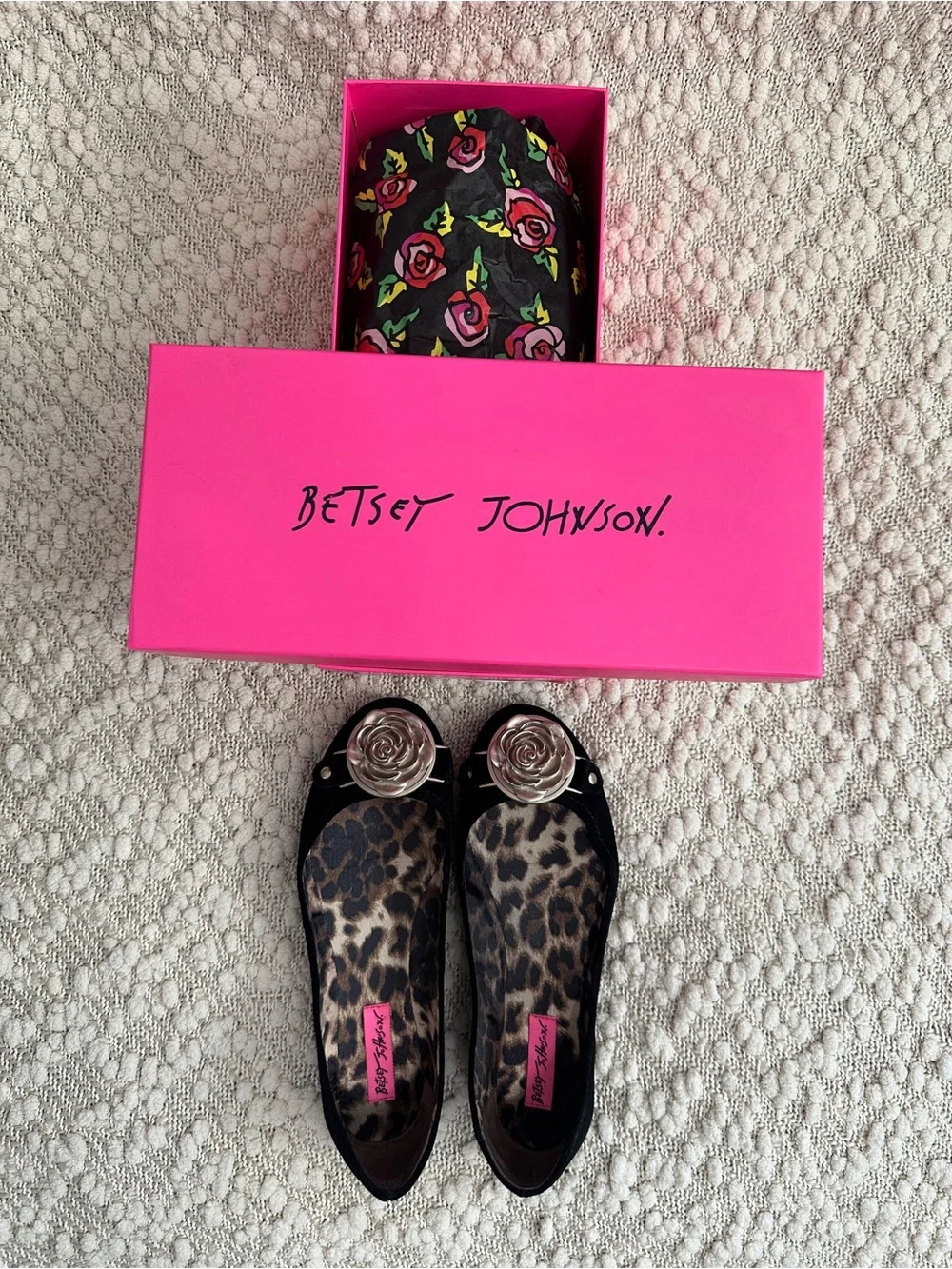Betsey Johnson Sidnee Black Leather Ballet Flats Metallic Rose Flower Leopard 8